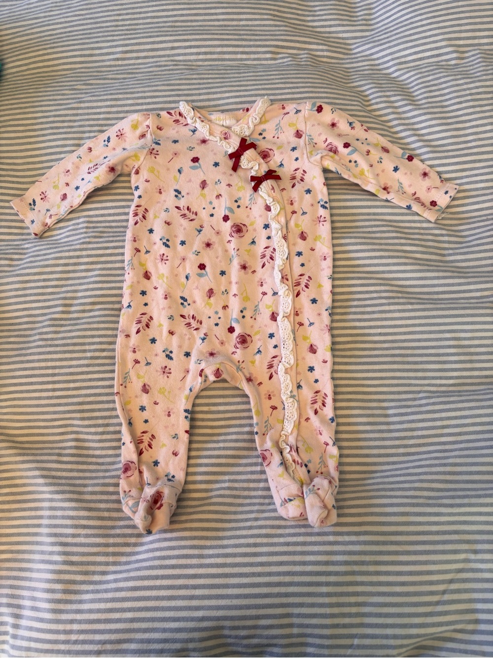 Laura Ashley Pink Floral Footed One-Piece with Lace and Bows